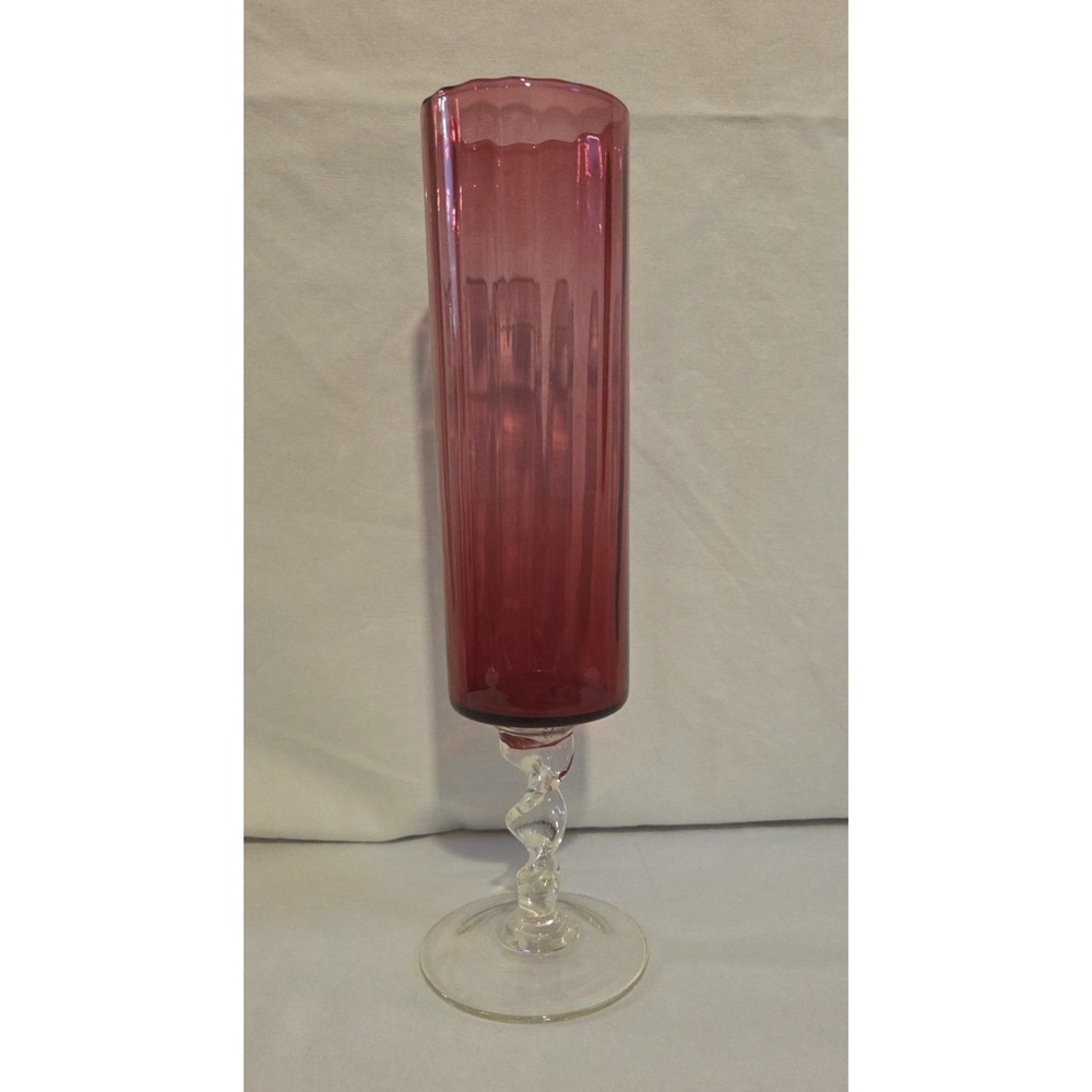 Vintage Ruby Cranberry Art Glass Vase 14" Clear Twisted Stem Pedestal Tall